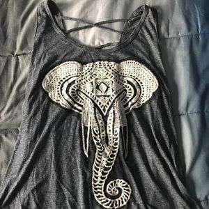 Blue Tank Top w/ elephant design and crosscut back